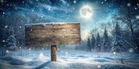 Fototapeta premium Blank Wooden Signpost in a Snowy Winter Wonderland Under a Bright Moon