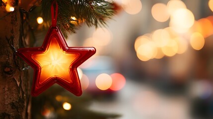 Glowing Red Star Christmas Ornament on Tree Branch with Bokeh Lights
