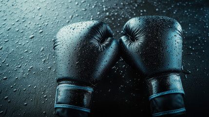 Boxing gloves with water droplets on dark surface, showcasing their texture and shine. image evokes sense of intensity and readiness for action