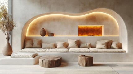 Fototapeta premium Neutral toned living room with ambient lighting. Generative AI
