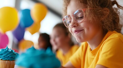 Fototapeta premium Vibrant Spring Festivity Inclusive Cupcake Decorating with Bright Icing - World Down Syndrome Day Celebration for Social Awareness and Community Engagement