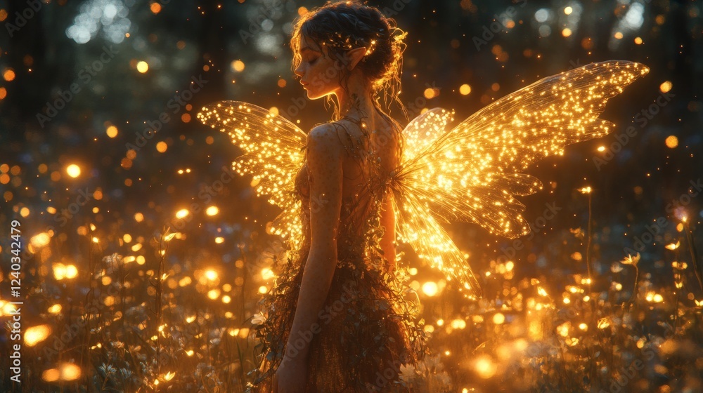 Poster hyperrealistic enchanted forest bursting with fireflies features a humanoid halfelf halfpixie with e