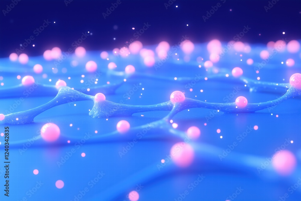 Poster a close-up view of a molecular structure with interconnected strands and glowing pink spheres on a b