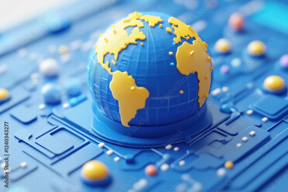 Fototapete a 3d globe with blue oceans and yellow continents, placed on a textured blue surface with various co