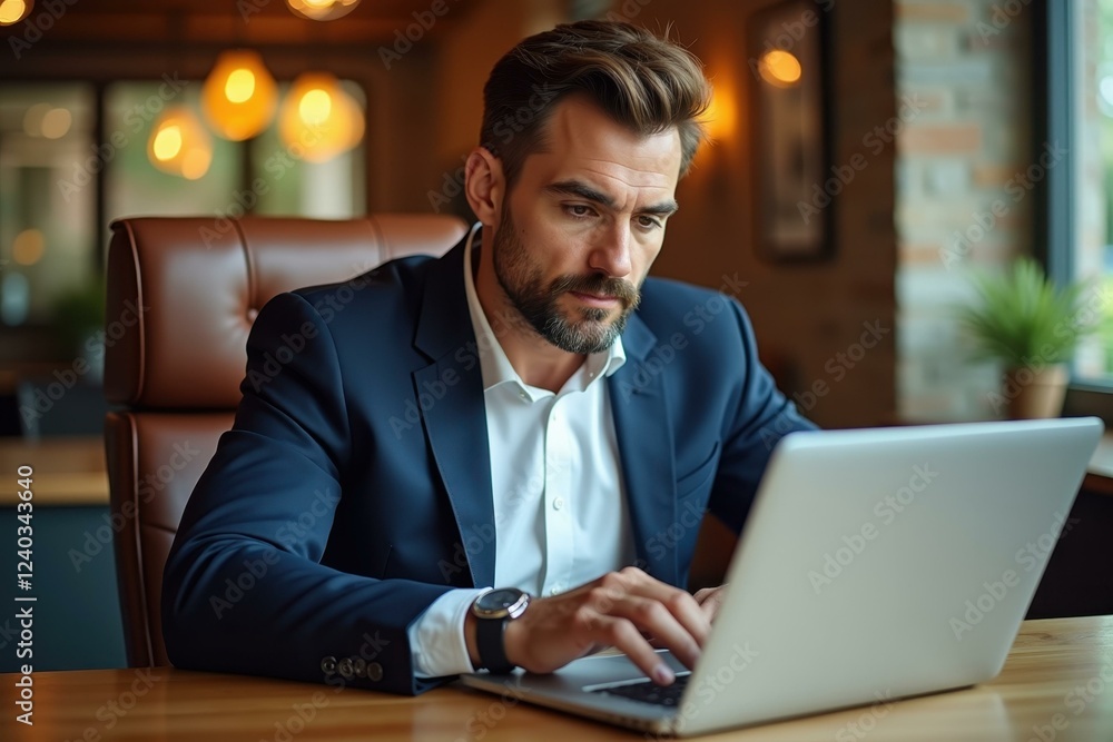 Aufkleber man is sitting at table with laptop computer