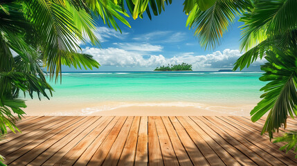 Tropical Paradise Beach View with Wooden Deck and Palm Leaves. A breathtaking tropical beach scene framed by lush green palm leaves, featuring turquoise ocean waves, a sandy shore, and a wooden deck
