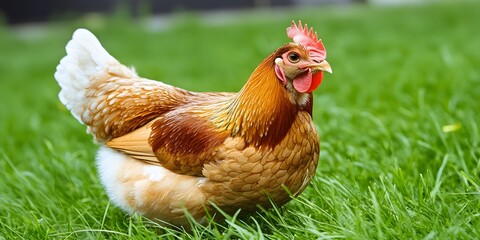 Fototapeta premium Beautiful Golden Hen in Lush Green Grass