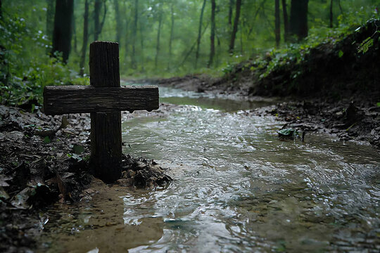 cross by a tranquil forest stream