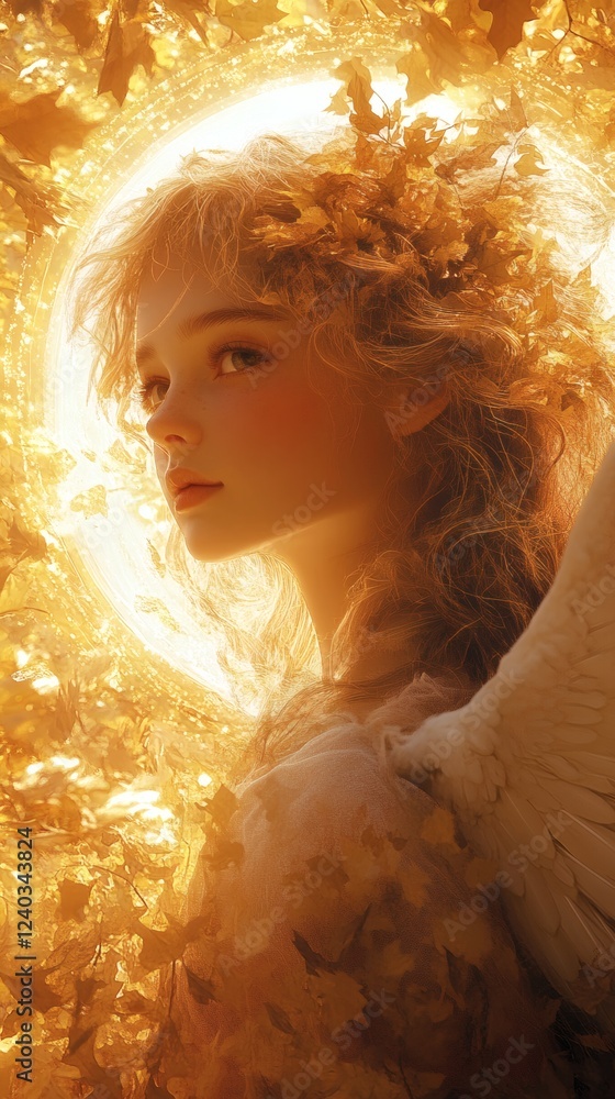 Poster hyperrealistic image of an angelic figure with a halo and soft curly hair blending into an autumn sc