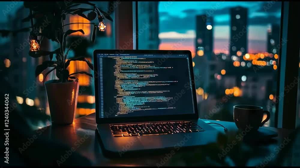 Poster laptop displaying code on a wooden table in front of a window with a view of vibrant night city ligh