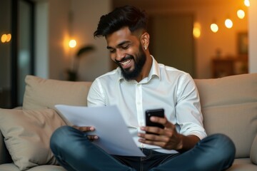 Smiling young man with beard and white shirt sitting on couch reading documents and holding smartphone at home cozy modern living room interior with warm lights for work from home or business concept