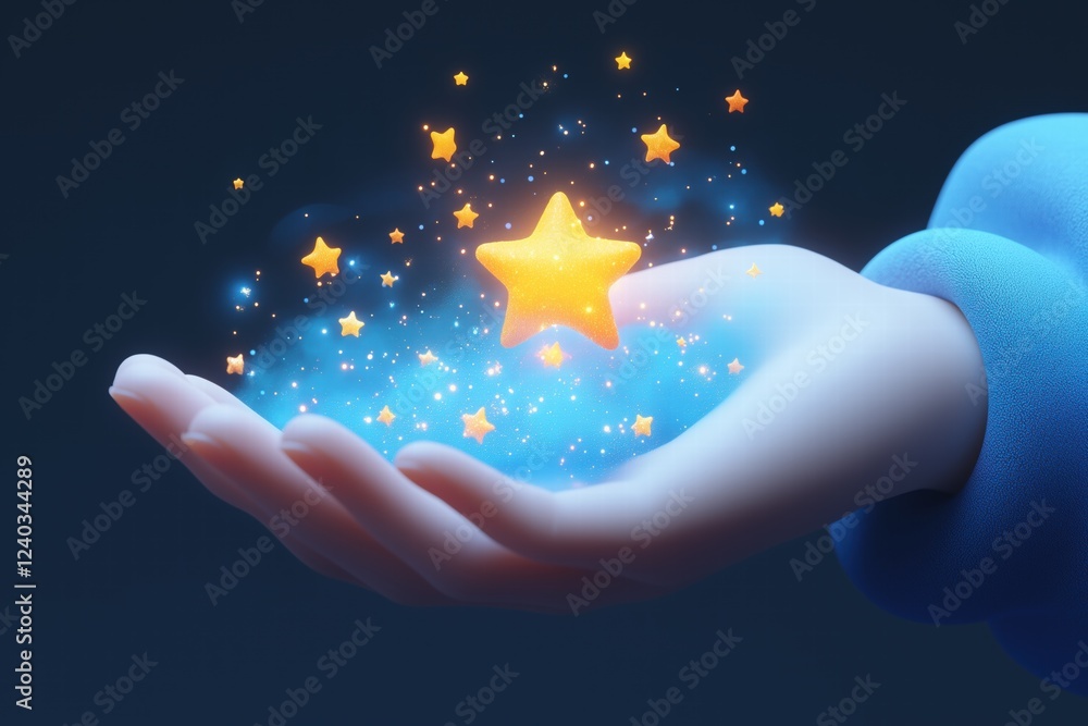 Poster a magical scene featuring a hand holding a glowing star surrounded by sparkling particles. the backg