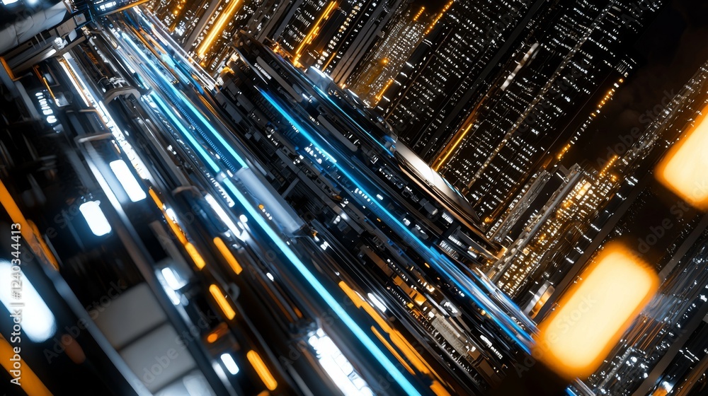 Poster futuristic cityscape with neon lights and high-tech architecture in a dynamic perspective