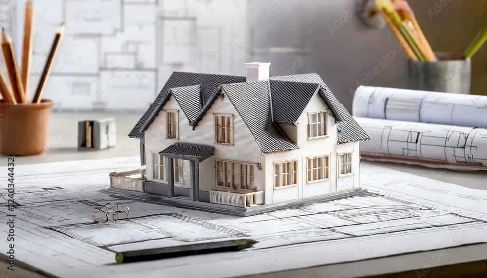 Poster a detailed architectural model of a house sits on a blueprint, showcasing design elements and constr