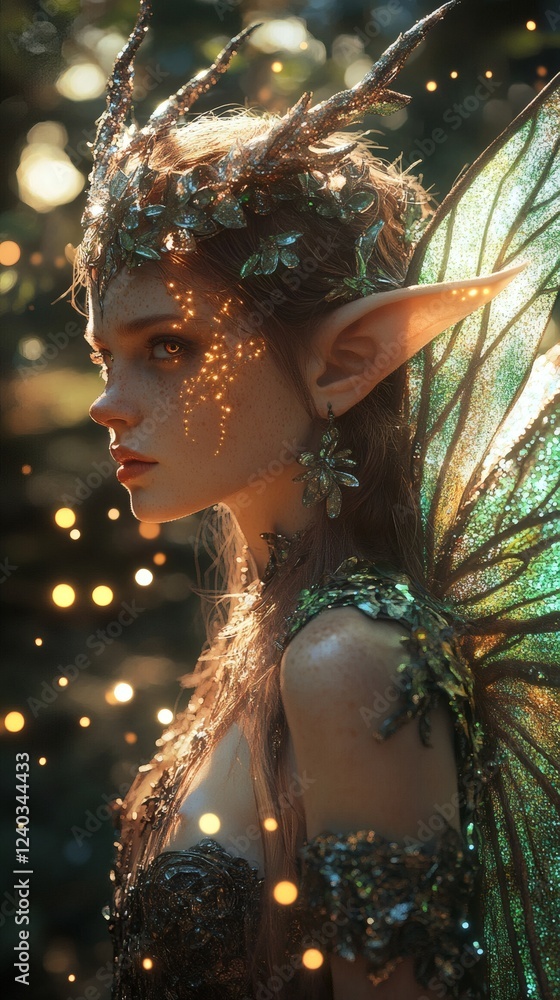 Poster hyperrealistic image of an enchanted forest alive with fireflies a halfelf halfpixie woman with poin