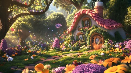 Obraz premium A Whimsical Cottage Nestled in a Vibrant Floral Garden