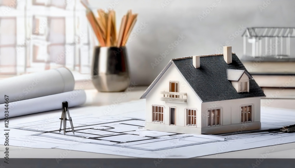 Poster a model house sits on architectural blueprints with drafting tools, symbolizing home design and plan