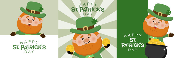 Naklejka premium Happy St Patrick's day with cute Leprechaun in green costume with clover leaves for good luck and gold coin in the pot. -vector