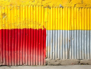 Fototapeta premium Vibrant Yellow Red and Gray Corrugated Metal Wall Texture