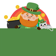 Happy St Patrick's day with cute Leprechaun in green costume with clover leaves for good luck and gold coin in the pot. -vector