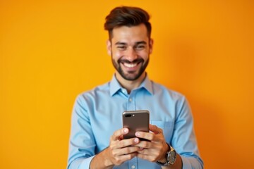 Happy young man with beard and blue shirt using smartphone texting messaging on vibrant orange background, perfect for social media, technology, communication, lifestyle concepts, cheerful mood brigh