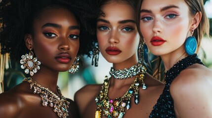 Jewelry models posing in a glamorous setting, each wearing statement necklaces and bracelets that sparkle under the light.