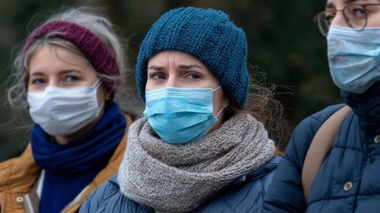 Obraz premium Group of People Wearing Face Masks During Health Crisis in Outdoor Setting with Greenery Background