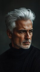 Fototapeta premium A captivating close-up of an older man with striking silver hair and a contemplative expression. The portrait highlights his strong features and elegant style, evoking a sense of experience and depth