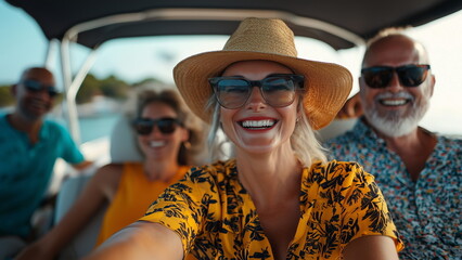 Happy tourist with sunglasses in the boat at the sea, people smiling for photos, travel photography