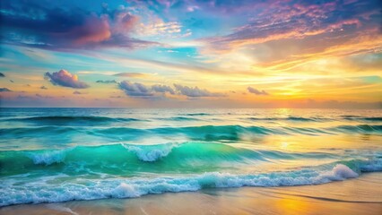 Obraz premium Serene ocean waves rolling onto a sandy shore at sunset, a breathtaking display of vibrant colors in the sky and water