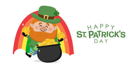 Happy St Patrick's day with cute Leprechaun in green costume with clover leaves for good luck and gold coin in the pot. -vector