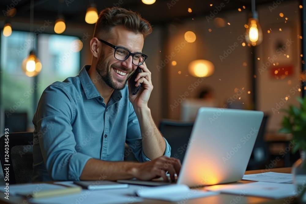 Poster man is smiling while talking on his cell phone while sitting at desk