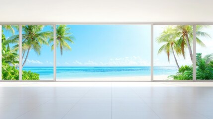 Tropical beach view from modern room; vacation interior design