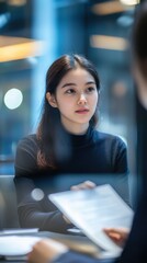 Fototapeta premium Focused Young Woman in Business Meeting, Reviewing Documents.