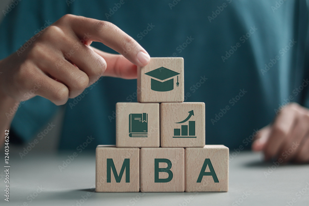 Poster mba, master of business administration program concept. mba icon on wooden block. courses to develop