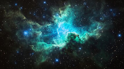 Space art showcasing glowing nebula cyan and green hues on a black space canvas