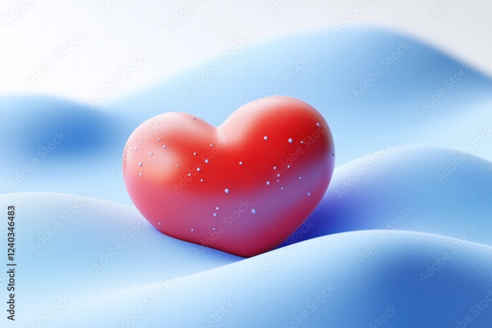 Poster a red heart-shaped object resting on soft blue waves, creating a serene and romantic atmosphere. the