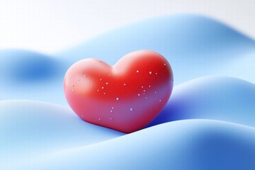 A red heart-shaped object resting on soft blue waves, creating a serene and romantic atmosphere. The heart has a smooth texture with small white speckles, enhancing its visual appeal. 
