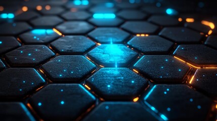 Fototapeta premium Hexagonal glowing tiles (blue emphasis). Generative AI