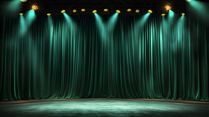 Dramatic Theater Stage with Green Curtains and Spotlight Illumination, Creating an Elegant Performance Backdrop for Concerts, Award Ceremonies, Drama Shows, and Stage Events