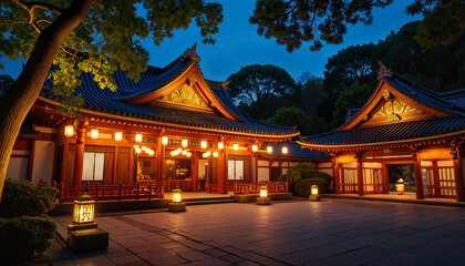 Fototapeta premium Buddhist temple at night during Obon festival with lanterns and traditional architecture.