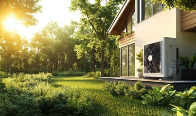 Eco-Friendly Home: Modern House with Heat Pump in Lush Green Setting