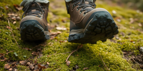 A close-up of hiking boots stepping onto a moss-covered trail, tiny leaves and twigs clinging to the soles