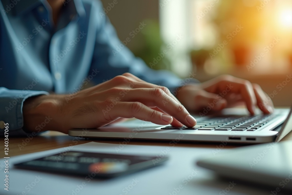 Poster person is typing on laptop computer on desk