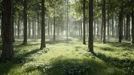 Obraz premium Lush Green Forest with Sunlight Filtering Through Trees Creating a Peaceful Natural Atmosphere