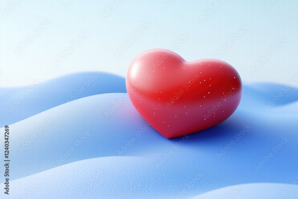 Poster a glossy red heart sits on a soft, undulating blue surface, creating a serene and romantic atmospher
