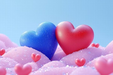 Obraz premium Two colorful hearts, one blue and one red, resting on a soft, pink, fluffy surface with smaller hearts scattered around. The background is a light blue sky, creating a romantic and playful atmosphere.