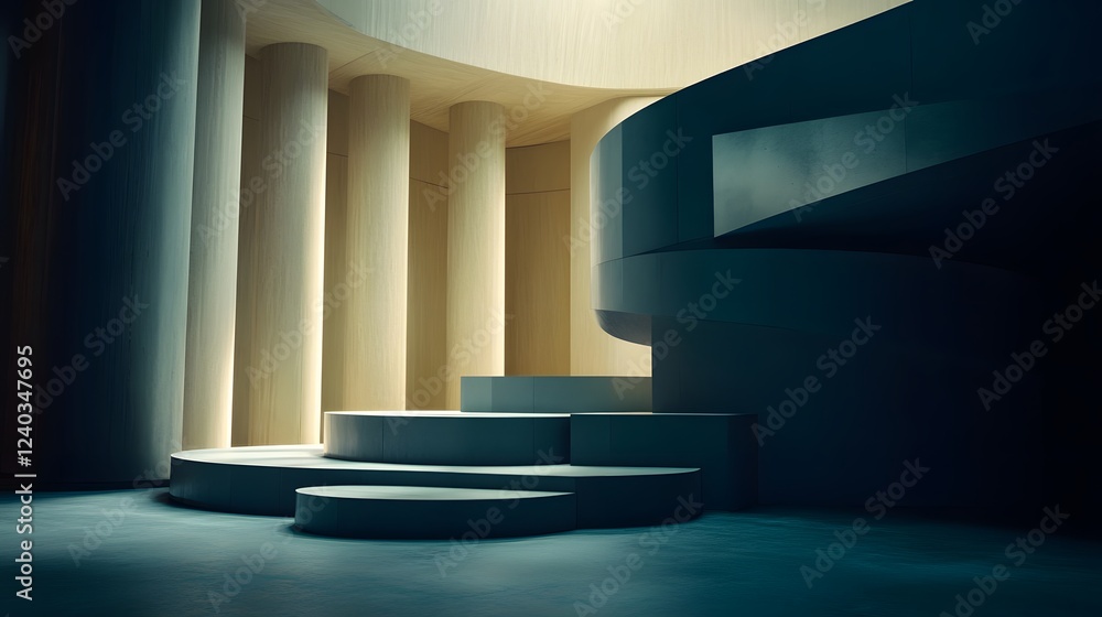 Poster abstract modern architecture interior design with spiral staircase and columns