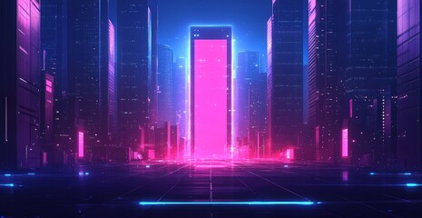 Neon City Portal Futuristic gateway in vibrant cityscape, digital backdrop for sci-fi design