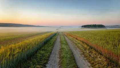 Obraz premium A serene landscape featuring a dirt path flanked by vibrant fields at dawn, enveloped in mist, highlighting nature's beauty and tranquility.